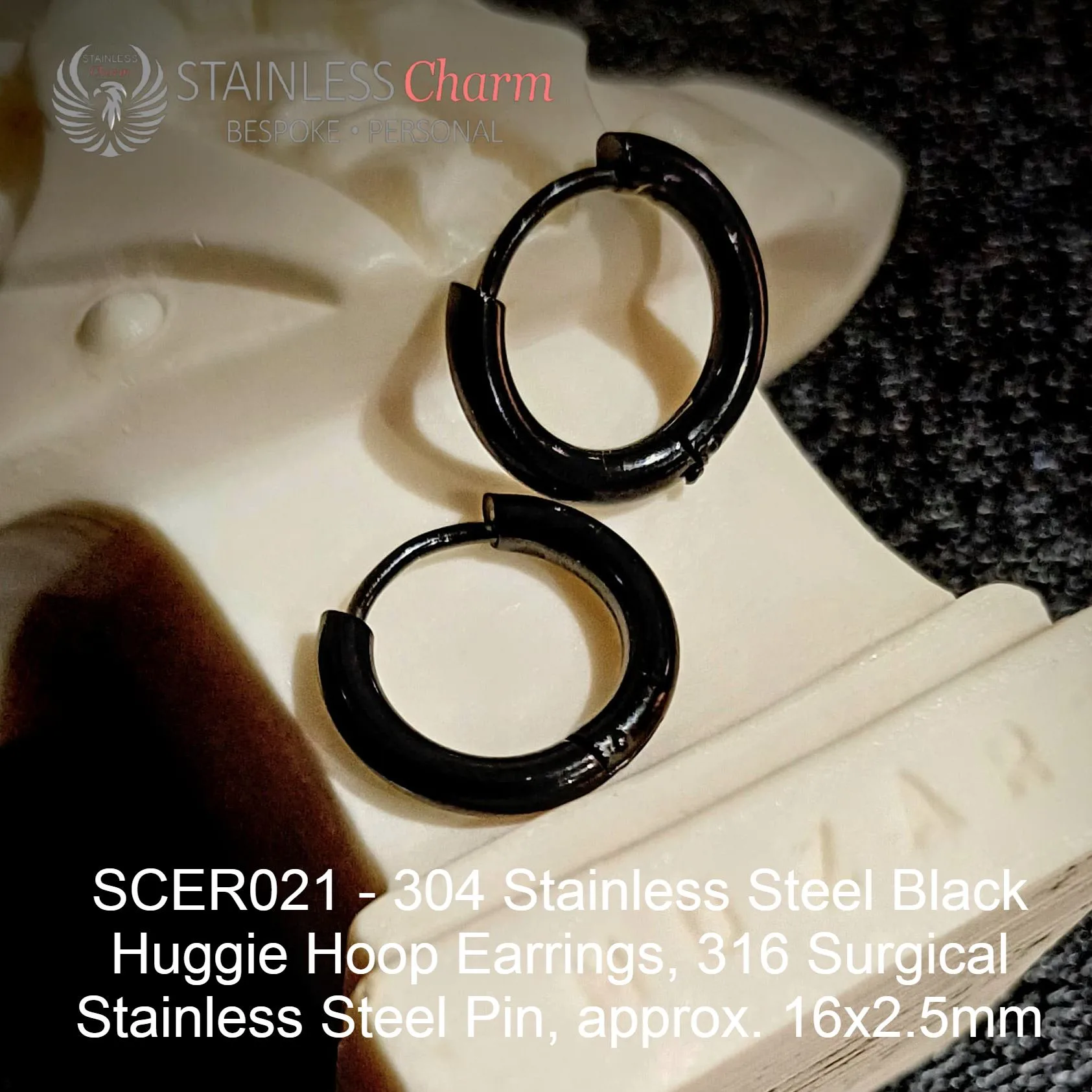 Black Huggie Hoop Earrings - SCER021 - Image 2