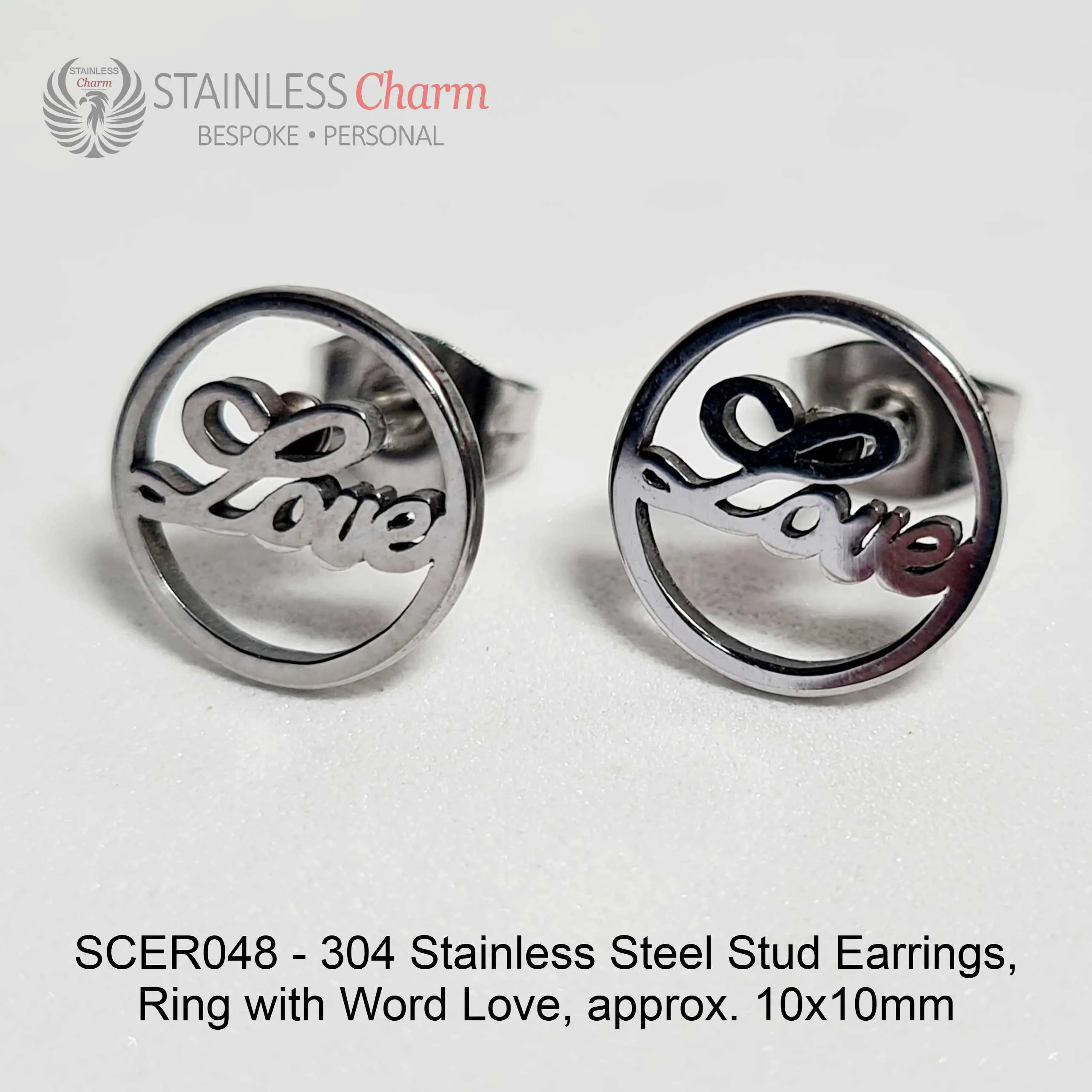 304 Stainless Steel Stud Earrings, Ring with Word Love, approx. 10x10mm