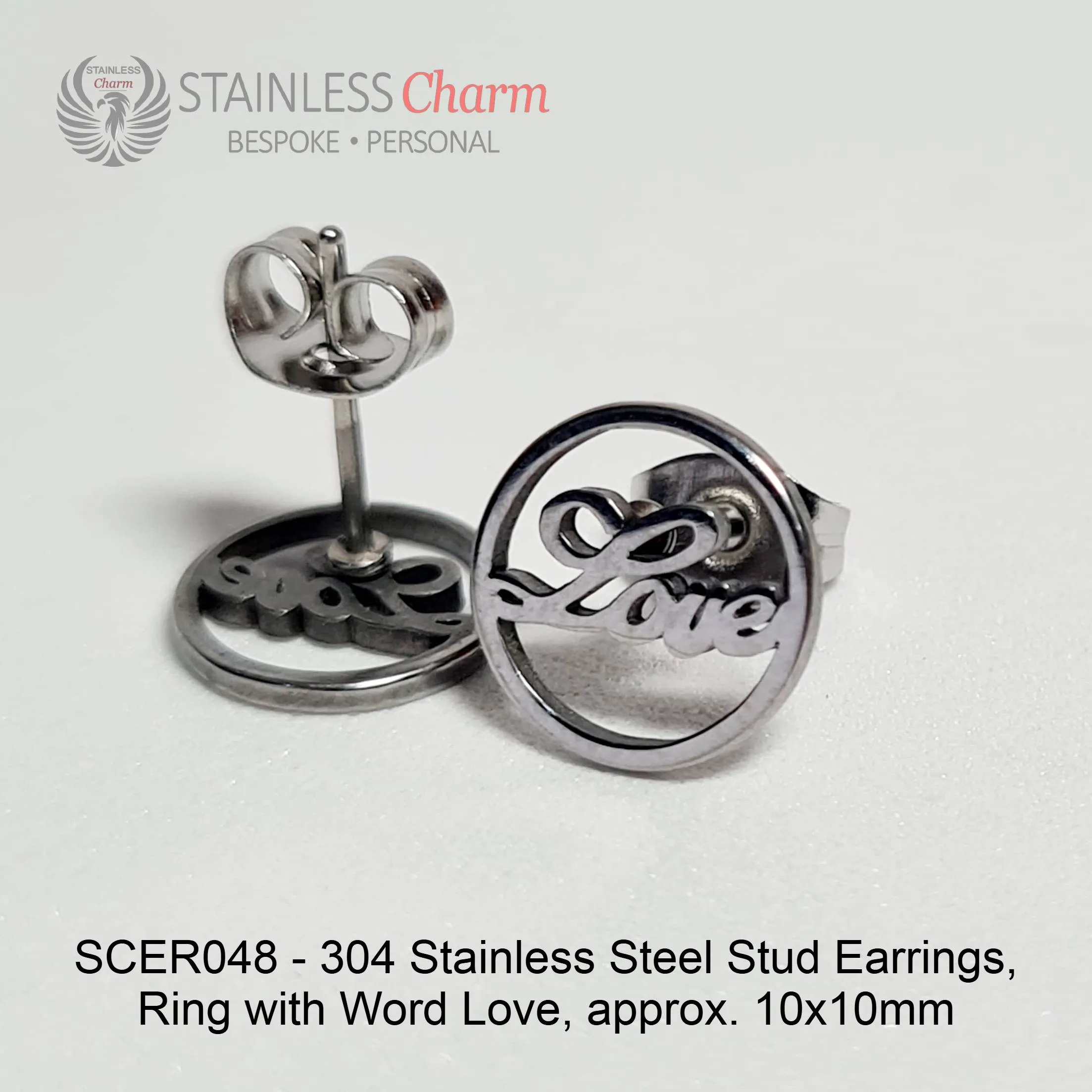304 Stainless Steel Stud Earrings, Ring with Word Love, approx. 10x10mm