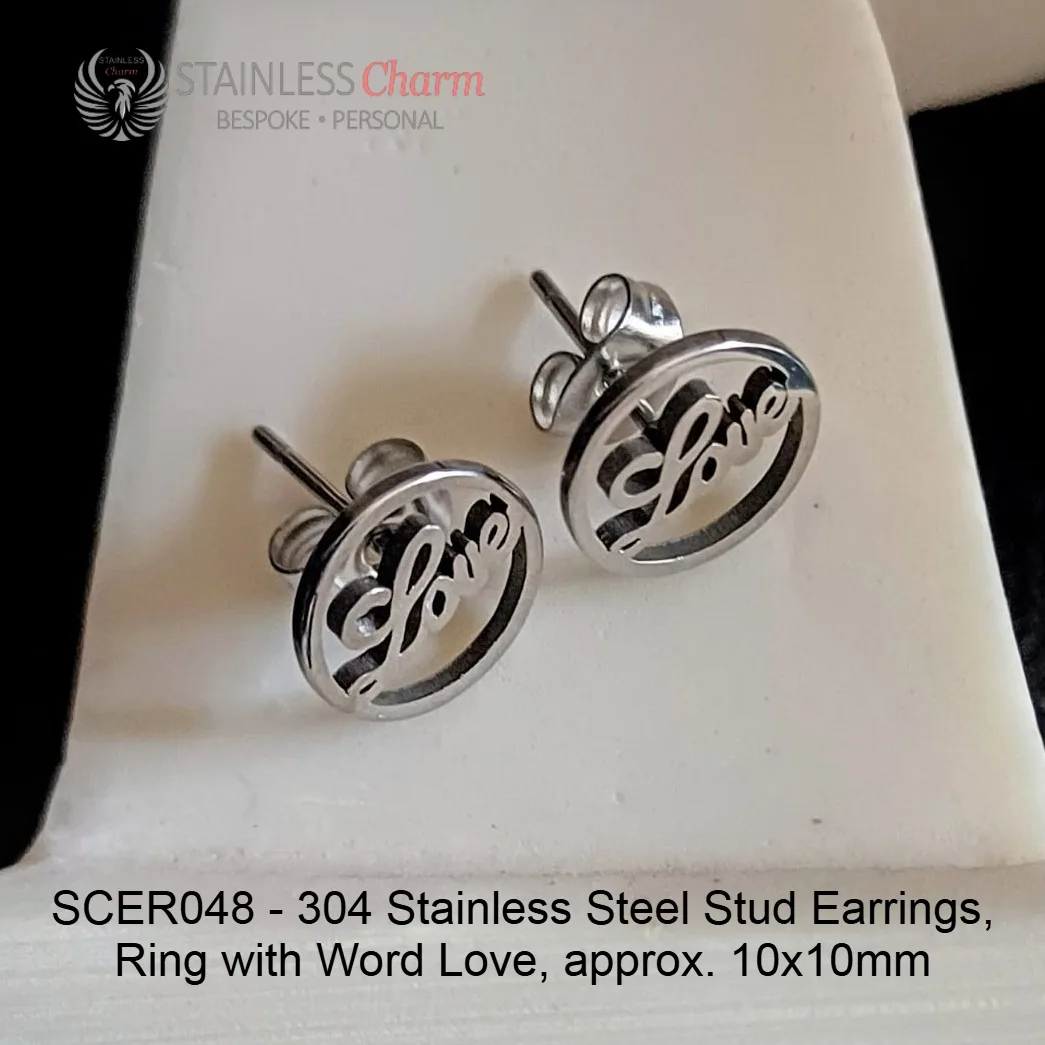 304 Stainless Steel Stud Earrings, Ring with Word Love, approx. 10x10mm