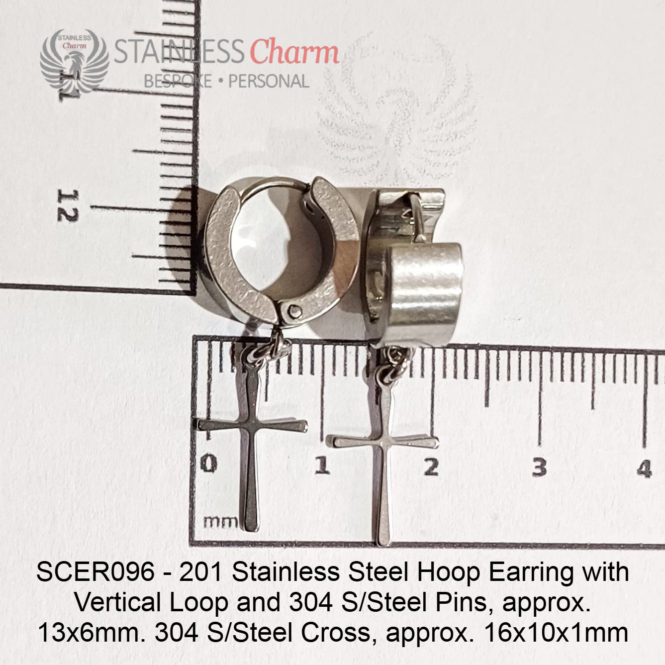 Hoop Earrings with Vertical Loop & Cross - SCER096 - Image 3