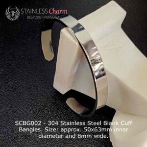 304 Stainless Steel Blank Cuff Bangles. Size: approx. 50x63mm inner diameter and 8mm wide.