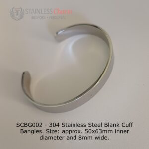 304 Stainless Steel Blank Cuff Bangles. Size: approx. 50x63mm inner diameter and 8mm wide.