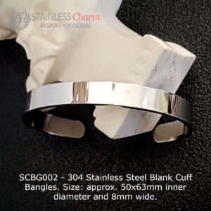 304 Stainless Steel Blank Cuff Bangles. Size: approx. 50x63mm inner diameter and 8mm wide.