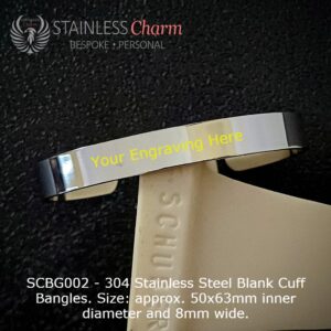 304 Stainless Steel Blank Cuff Bangles. Size: approx. 50x63mm inner diameter and 8mm wide.