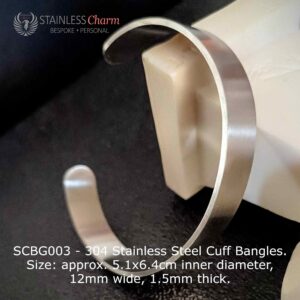 304 Stainless Steel Cuff Bangles. Size: approx. 5.1x6.4cm inner diameter, 12mm wide, 1.5mm thick.