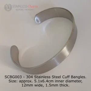 304 Stainless Steel Cuff Bangles. Size: approx. 5.1x6.4cm inner diameter, 12mm wide, 1.5mm thick.