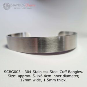 304 Stainless Steel Cuff Bangles. Size: approx. 5.1x6.4cm inner diameter, 12mm wide, 1.5mm thick.