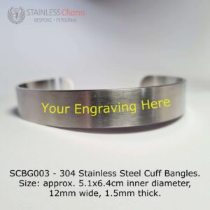 304 Stainless Steel Cuff Bangles. Size: approx. 5.1x6.4cm inner diameter, 12mm wide, 1.5mm thick.