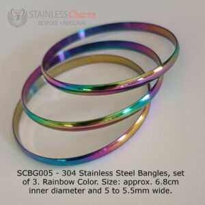 304 Stainless Steel Bangles, set of 3. Rainbow Color. Size: approx. 6.8cm inner diameter and 5 to 5.5mm wide.