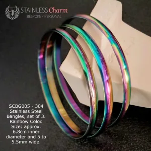 304 Stainless Steel Bangles, set of 3. Rainbow Color. Size: approx. 6.8cm inner diameter and 5 to 5.5mm wide.