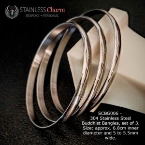 304 Stainless Steel Buddhist Bangles, set of 3. Size: approx. 6.8cm inner diameter and 5 to 5.5mm wide.