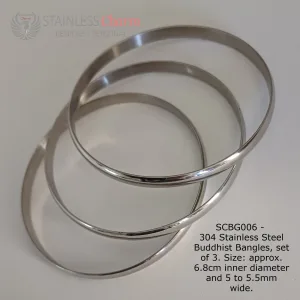 304 Stainless Steel Buddhist Bangles, set of 3. Size: approx. 6.8cm inner diameter and 5 to 5.5mm wide.