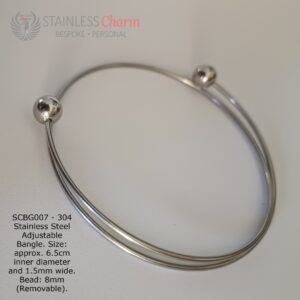 304 Stainless Steel Adjustable Bangle. Size: approx. 6.5cm inner diameter and 1.5mm wide. Bead: 8mm (Removable).