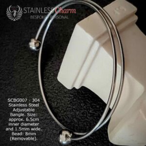 304 Stainless Steel Adjustable Bangle. Size: approx. 6.5cm inner diameter and 1.5mm wide. Bead: 8mm (Removable).