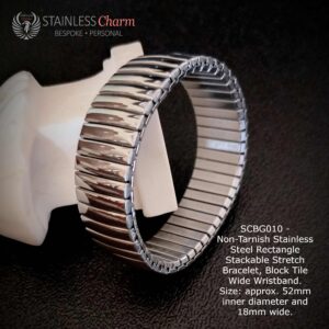 Non-Tarnish Stainless Steel Rectangle Stackable Stretch Bracelet, Block Tile Wide Wristband. Size: approx. 52mm inner diameter and 18mm wide.