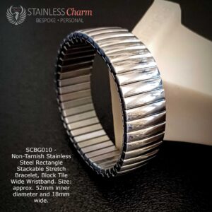 Non-Tarnish Stainless Steel Rectangle Stackable Stretch Bracelet, Block Tile Wide Wristband. Size: approx. 52mm inner diameter and 18mm wide.