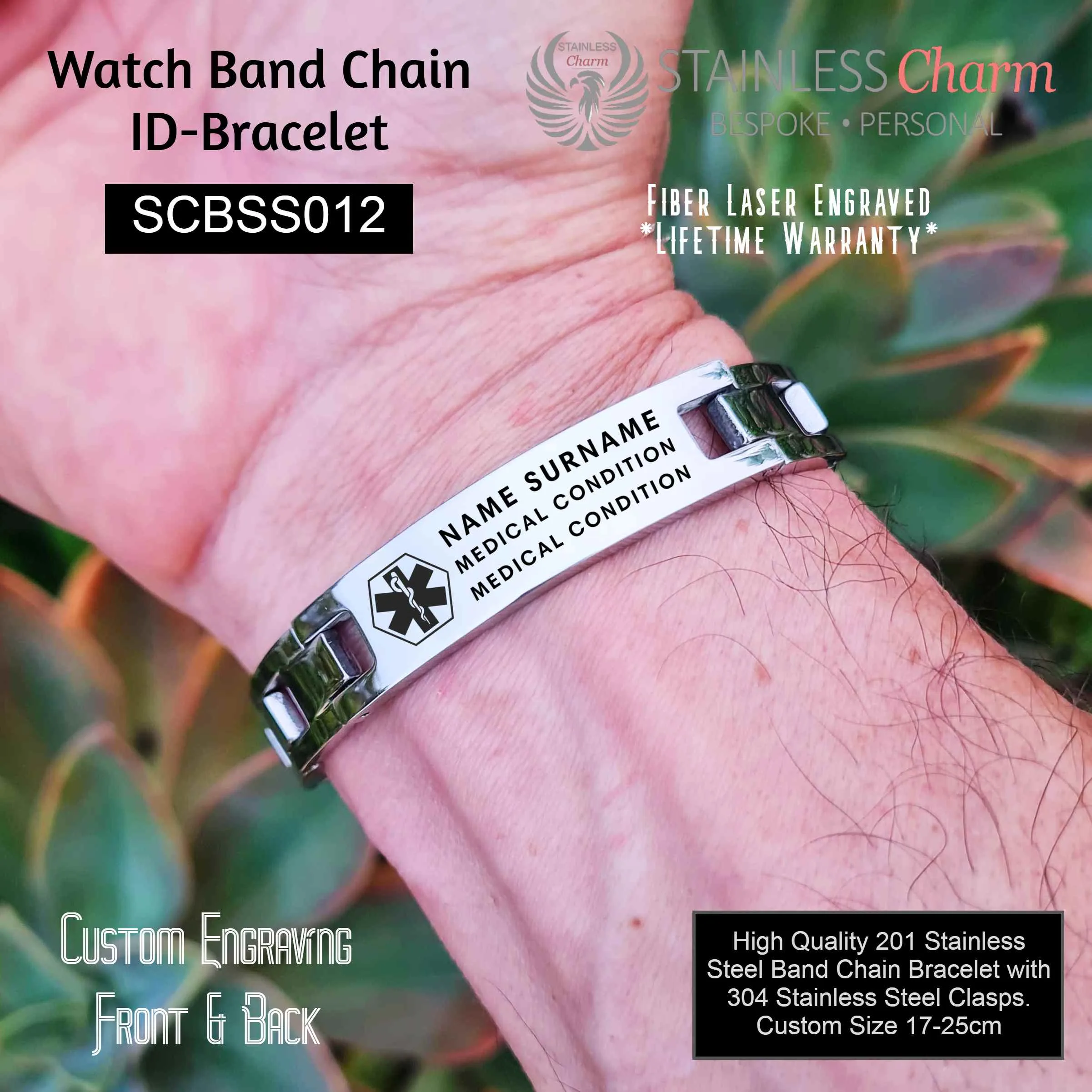 SCBSS012 Stainless Steel Medical Alert Watchband Bracelet - MedAlert SA