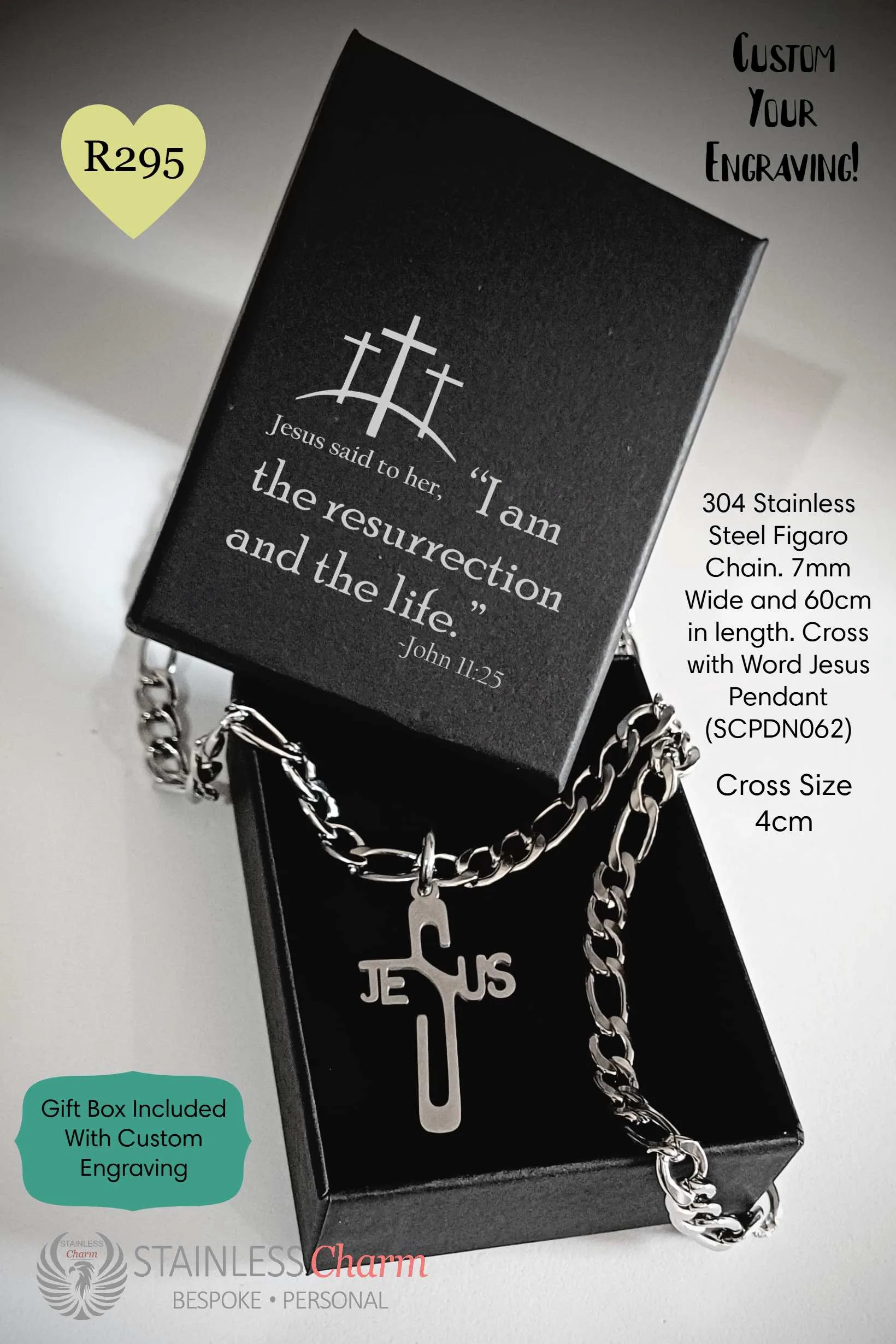 Passover Renewal Figaro Chain with "Jesus" Cross Pendant - SCPDN062PO