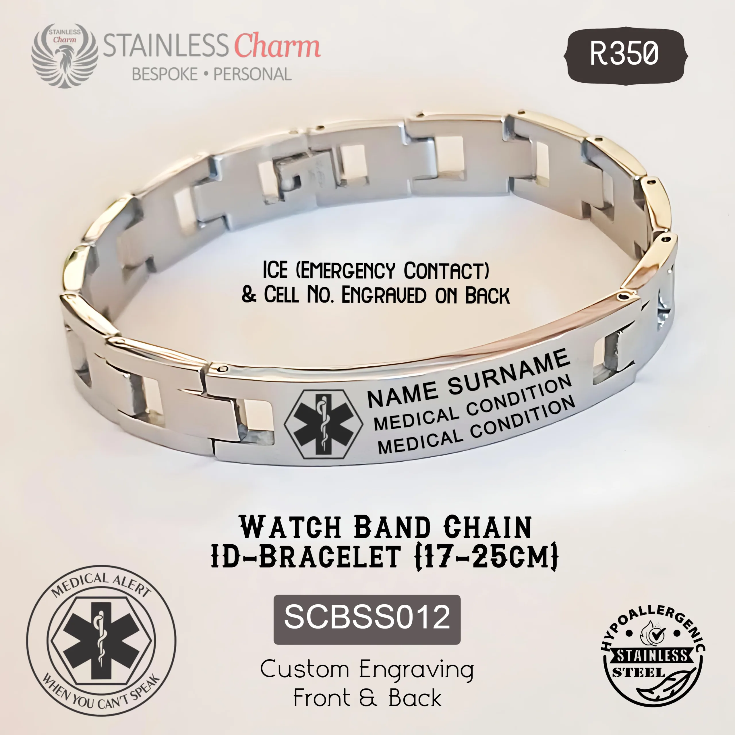 SCBSS012 Stainless Steel Medical Alert Watchband Bracelet - MedAlert SA