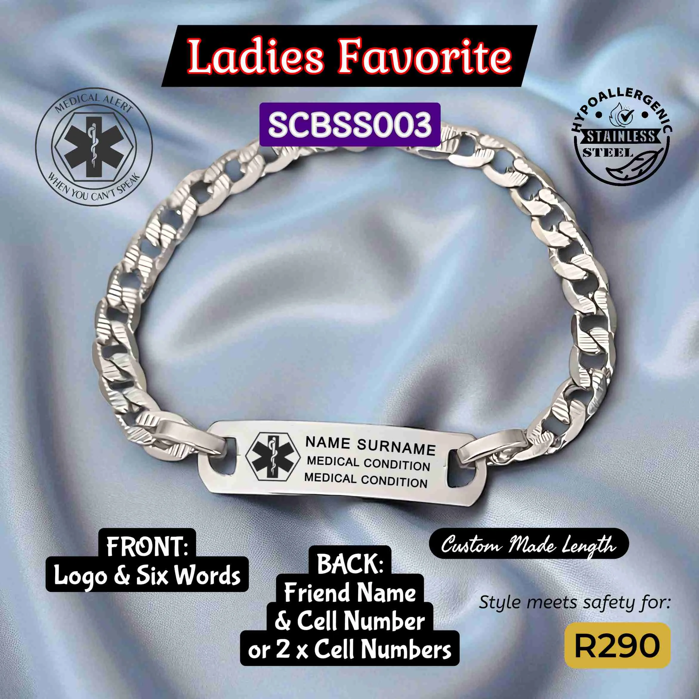 SCBSS003B Ladies Stainless Steel Medical Alert Link Bracelet - MedAlert SA