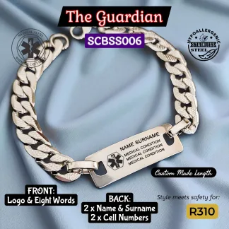 SCBSS006 The Guardian Stainless Steel Medical Alert Curb Chain Bracelet - MedAlert SA