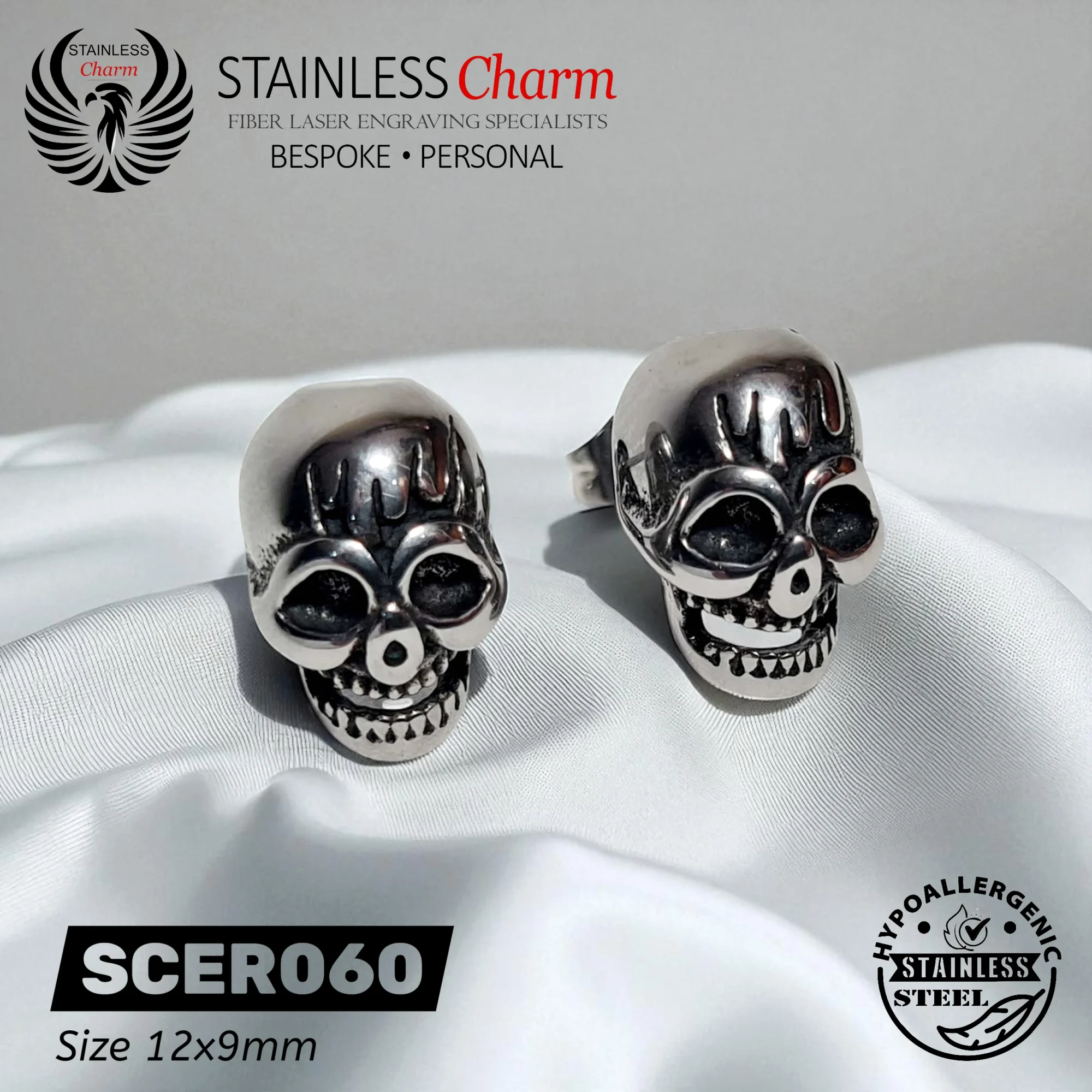 Antique Silver Skull Stud Earrings - SCER060