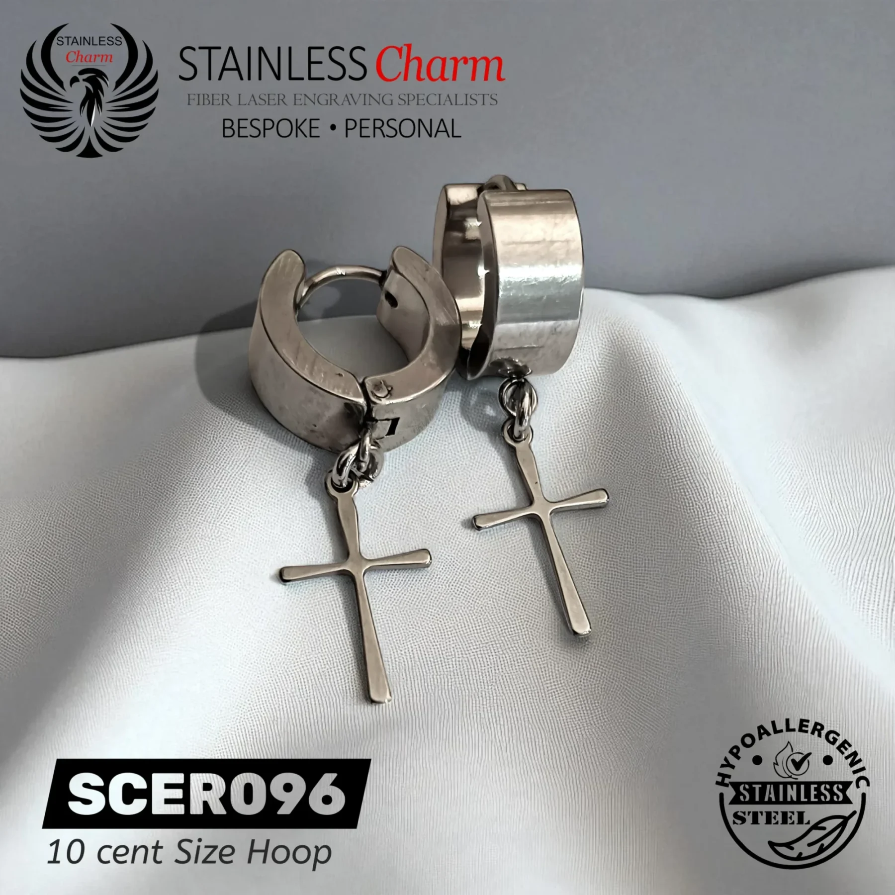 Hoop Earrings with Vertical Loop & Cross - SCER096