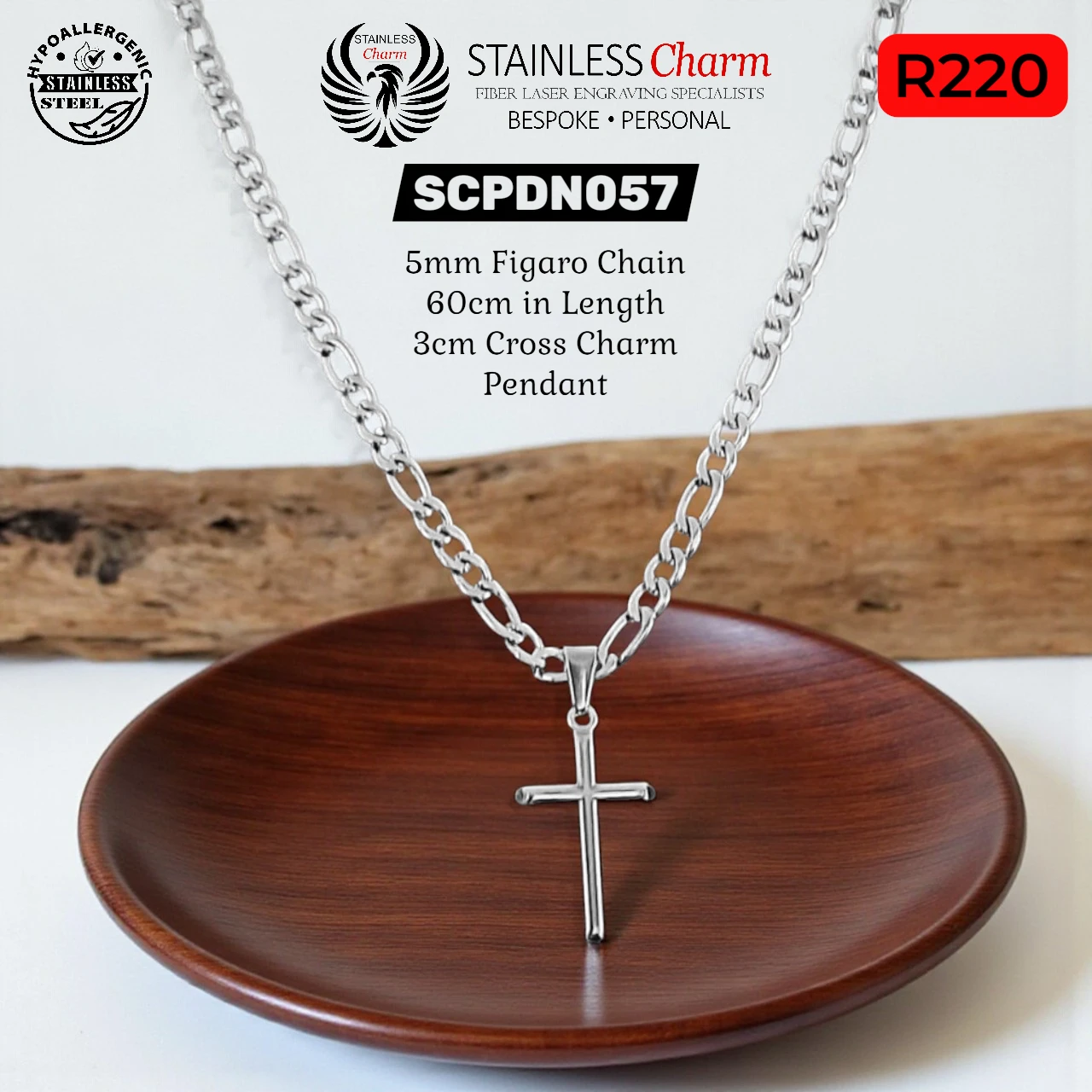 Stainless Steel Figaro Chain with Cross Pendant - SCPDN057
