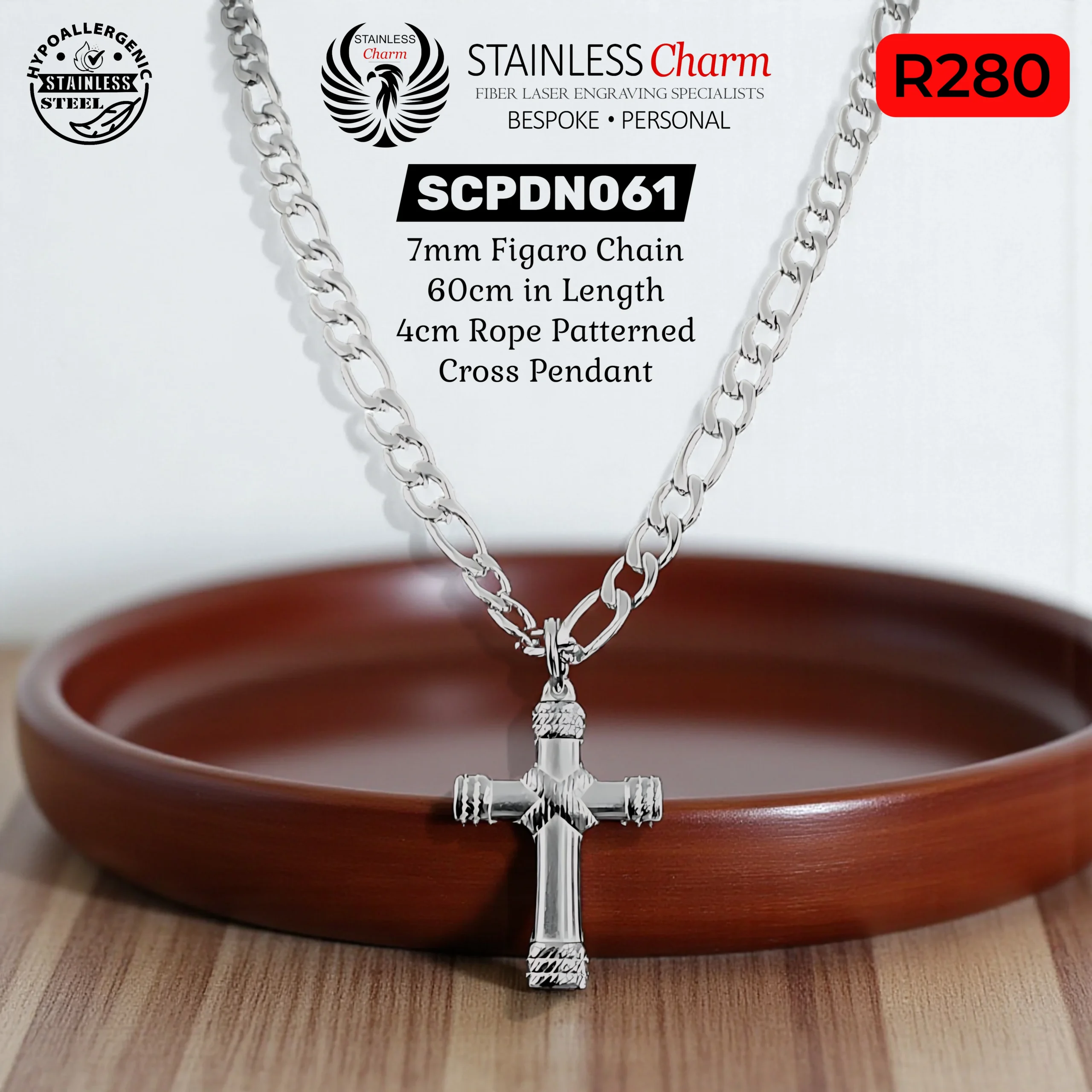 Stainless Steel Curb Chain with Ornate Rope-Patterned Cross Pendant - SCPDN061