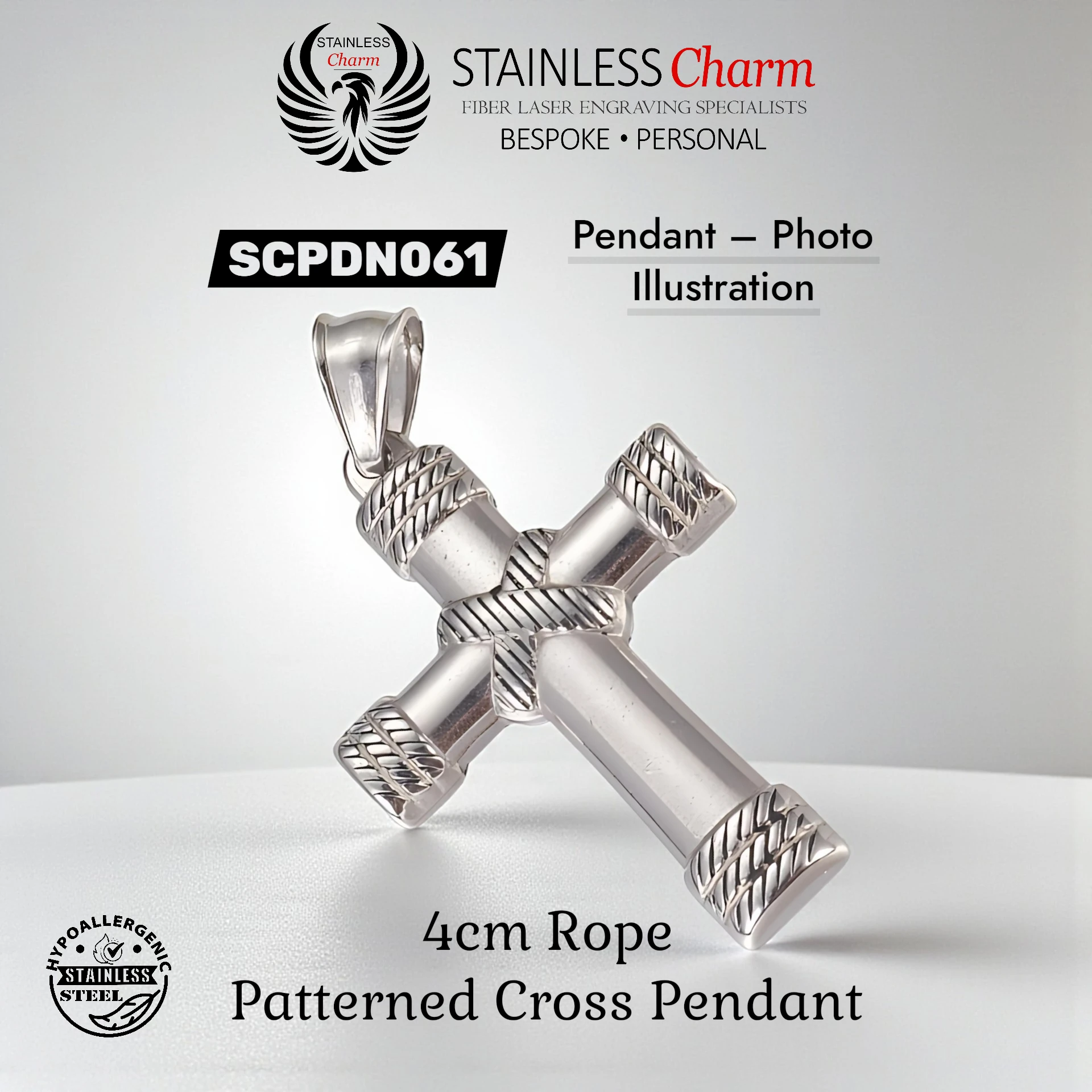 Stainless Steel Curb Chain with Ornate Rope-Patterned Cross Pendant - SCPDN061 - Image 2