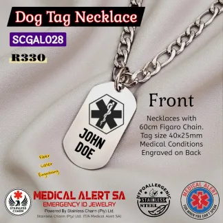 SCGAL028 Custom Engraved Stainless Steel Dog Tag Medical Alert Necklace - MedAlert SA