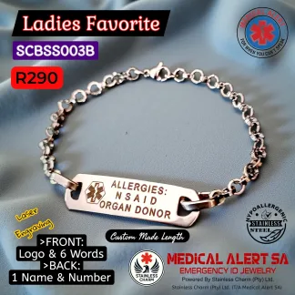 SCBSS003B Ladies Stainless Steel Medical Alert Link Bracelet - MedAlert SA