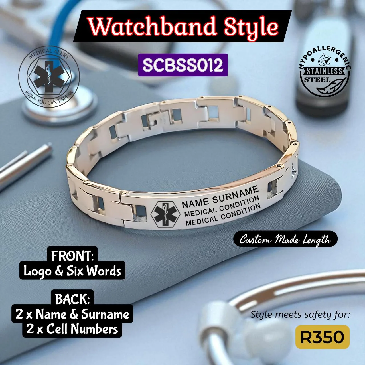 SCBSS012 Stainless Steel Medical Alert Watchband Bracelet - MedAlert SA