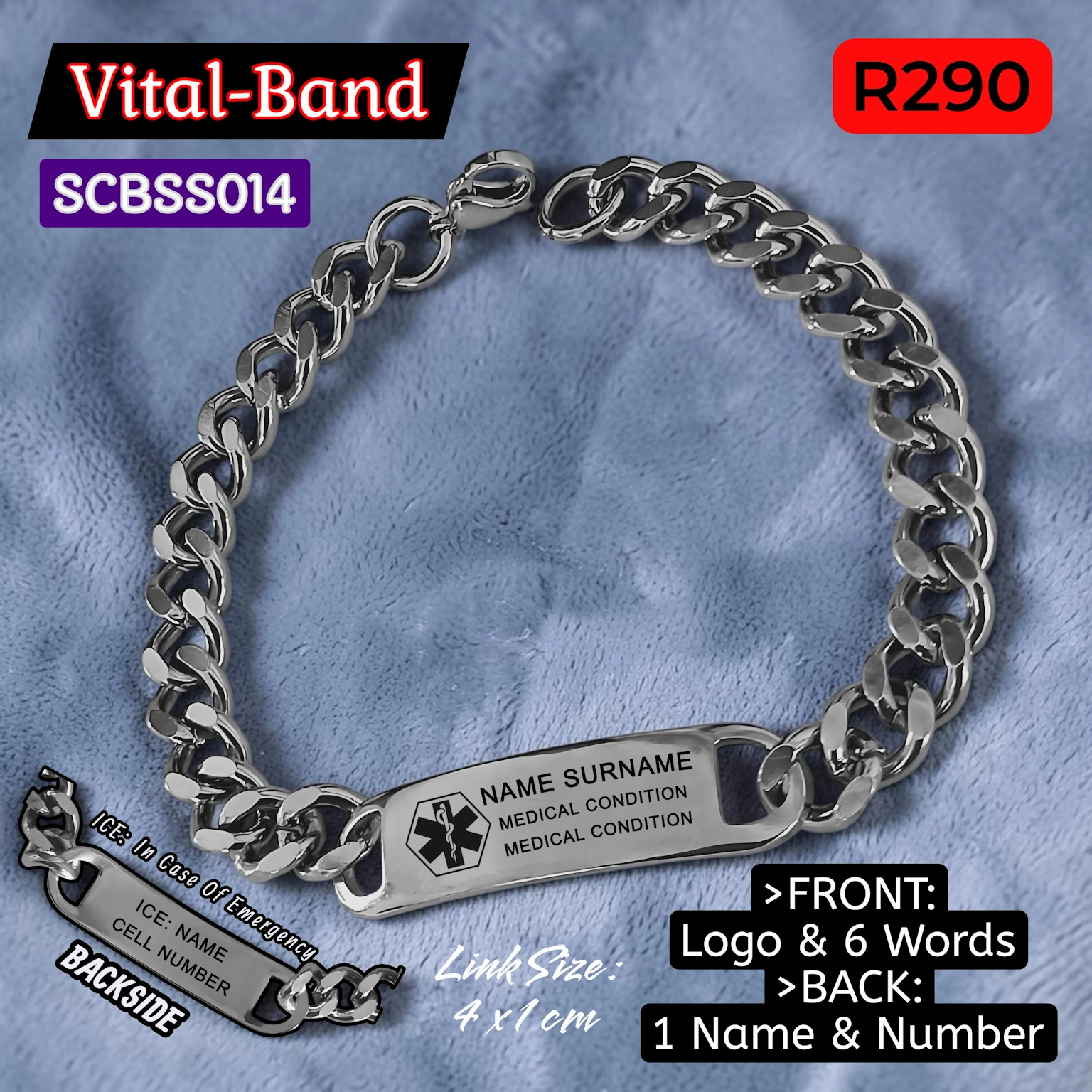 SCBSS014 Stainless Steel Medical Alert Vital-Band Bracelet - MedAlert SA
